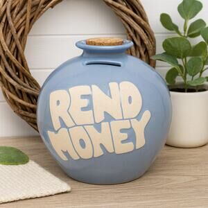Art Pottery “Reno Money” Blue Savings Jar w/ Cork Stopper 8” Vintage Style